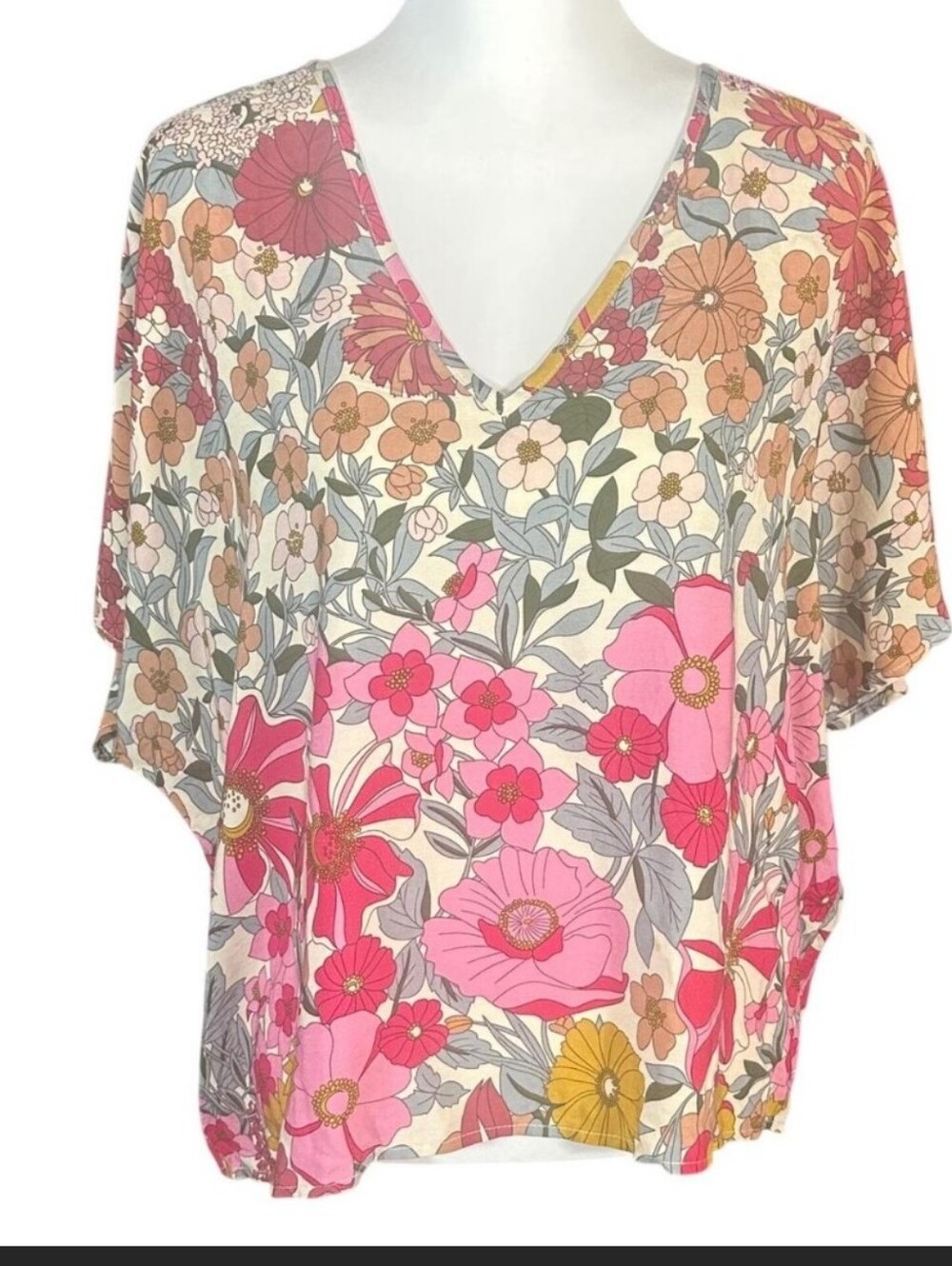 Natural life Floral print blouse with V-neck and short sleeves Sz Large